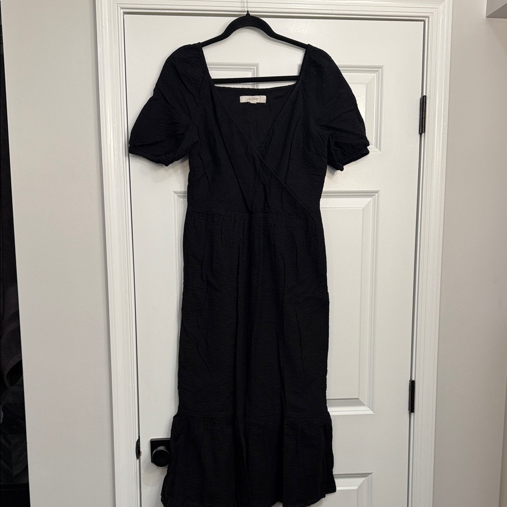 LOFT Black Midi Dress with Puff Sleeves
